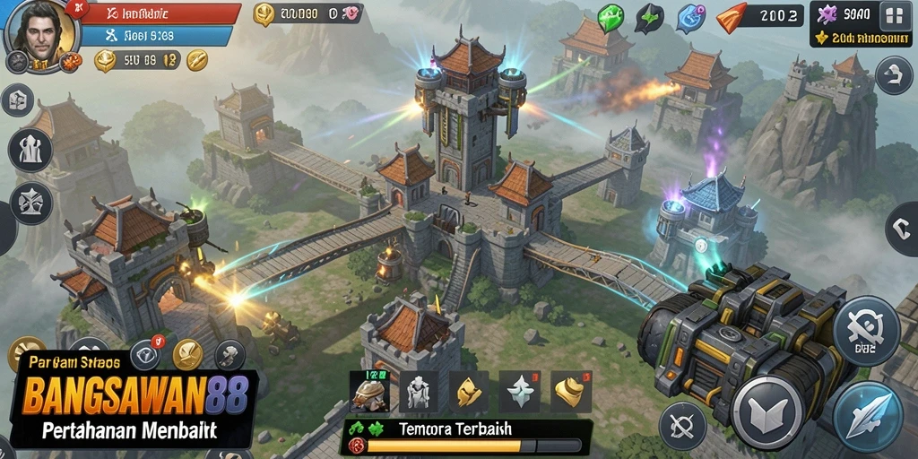 Tampilan gameplay menara pertahanan yang intens dan menarik dalam BANGSAWAN88.