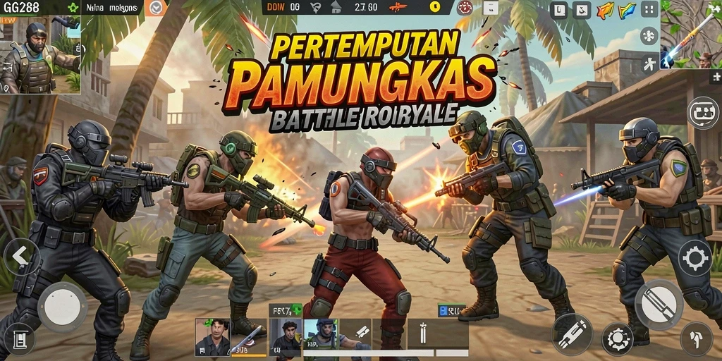 Screenshot GG288 menunjukkan tindakan intens di arena Battle Royale.