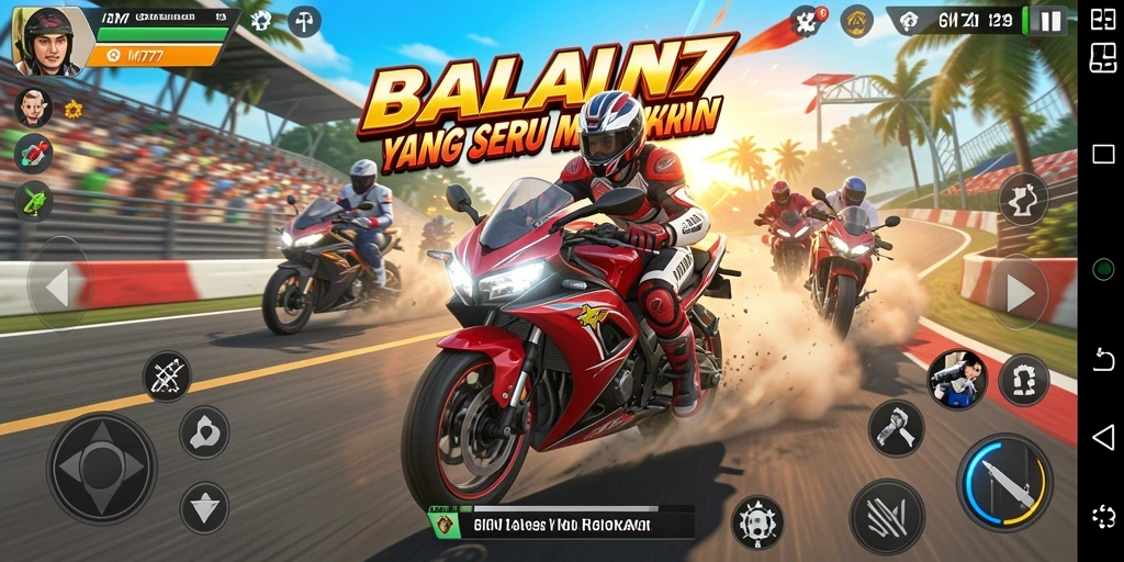 Tampilan gameplay GM777 yang mendebarkan dan penuh aksi balapan motor.