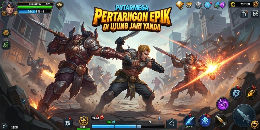 Screenshot utama PUTARMEGA menampilkan aksi pertarungan yang intens.