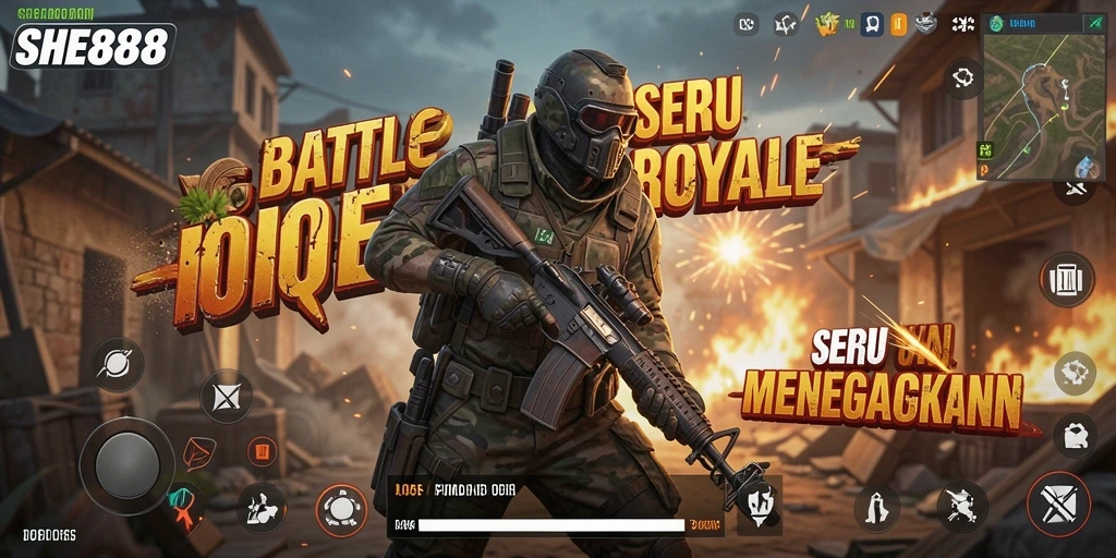 Tangkapan layar dari permainan SHE888 menampilkan aksi Battle Royale yang intens.