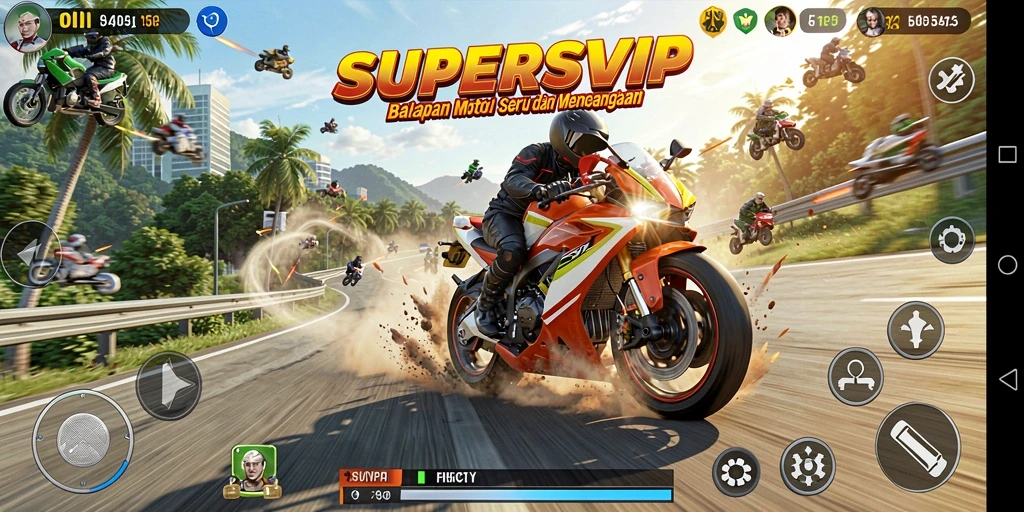 Screenshot gameplay SUPERSVIP menampilkan aksi balapan motor yang seru.