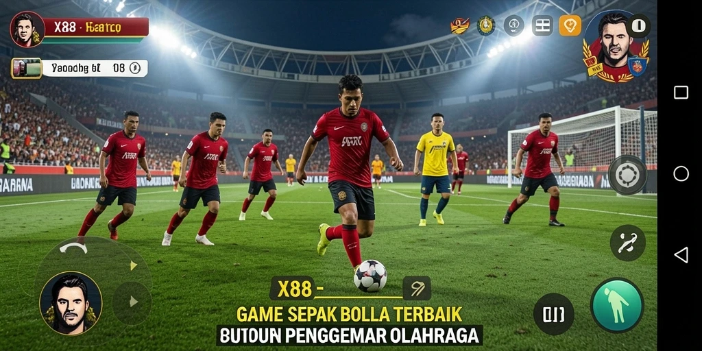 Tampilan gameplay yang menegangkan di X88 dengan aksi sepak bola nyata.